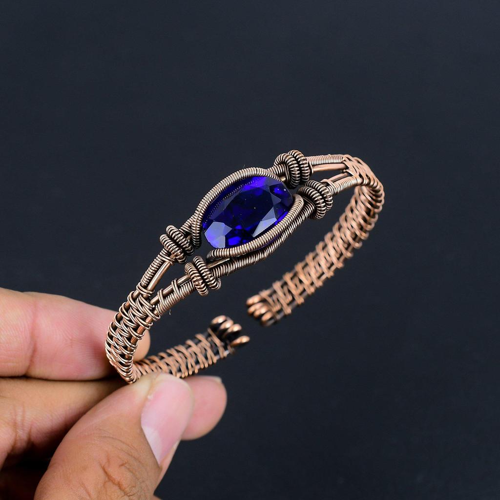 Blauer Saphir Armband, Handgefertigtes Edelsteinarmband, 999 Kupferdraht umwickelter Antikschmuck, Für Verlobungsgeschenk