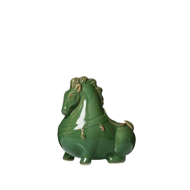 Cute Ru Kiln Ceramic Green Horse Tea Pet Tea Ornaments Chinese Tea Accessories Handcrafted Tang Horse Figurine Ceramic TeaPet