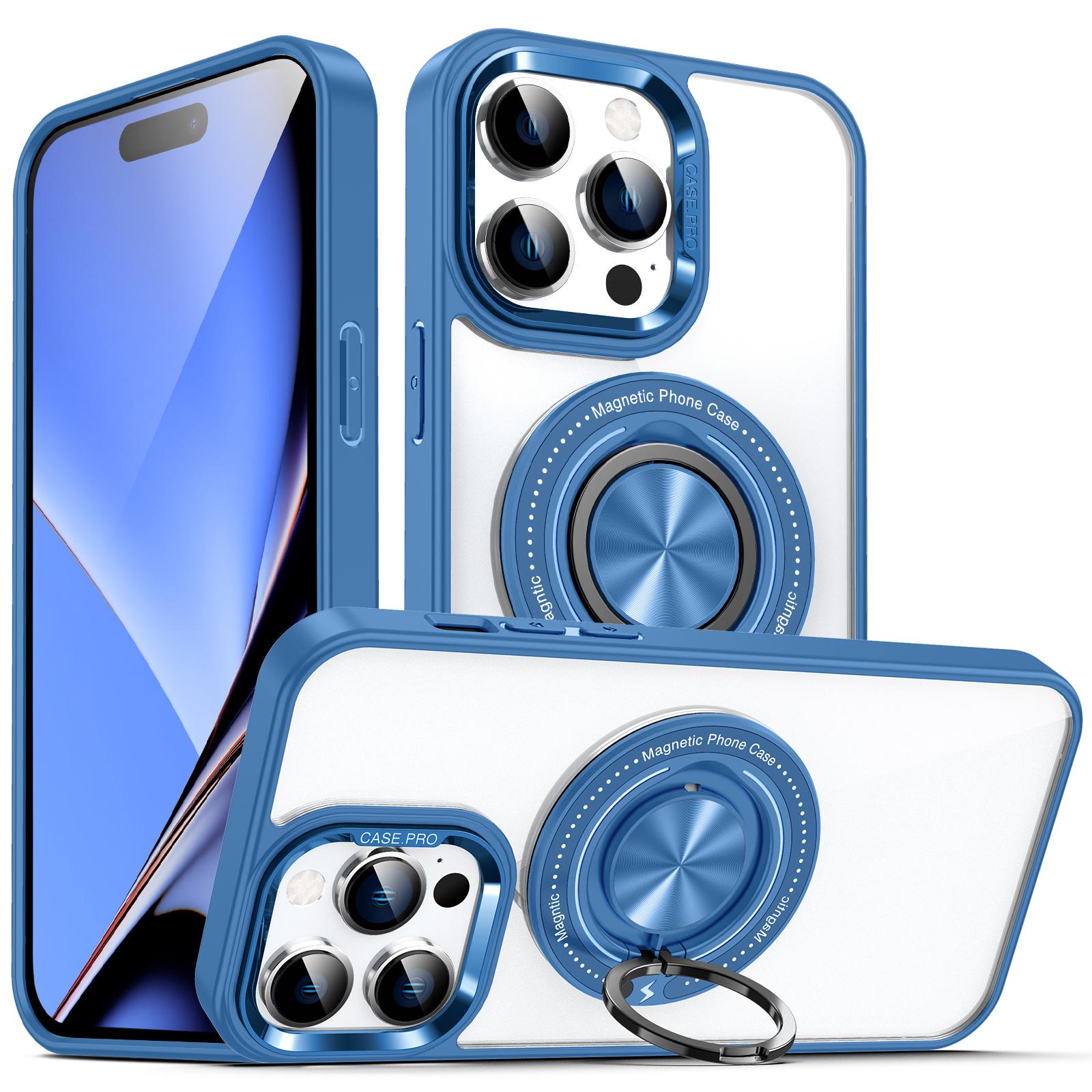 

For iPhone 15 Pro Max PC+TPU+Acrylic Phone Case Ring Kickstand Transparent Cover Compatible with MagSafe Blue