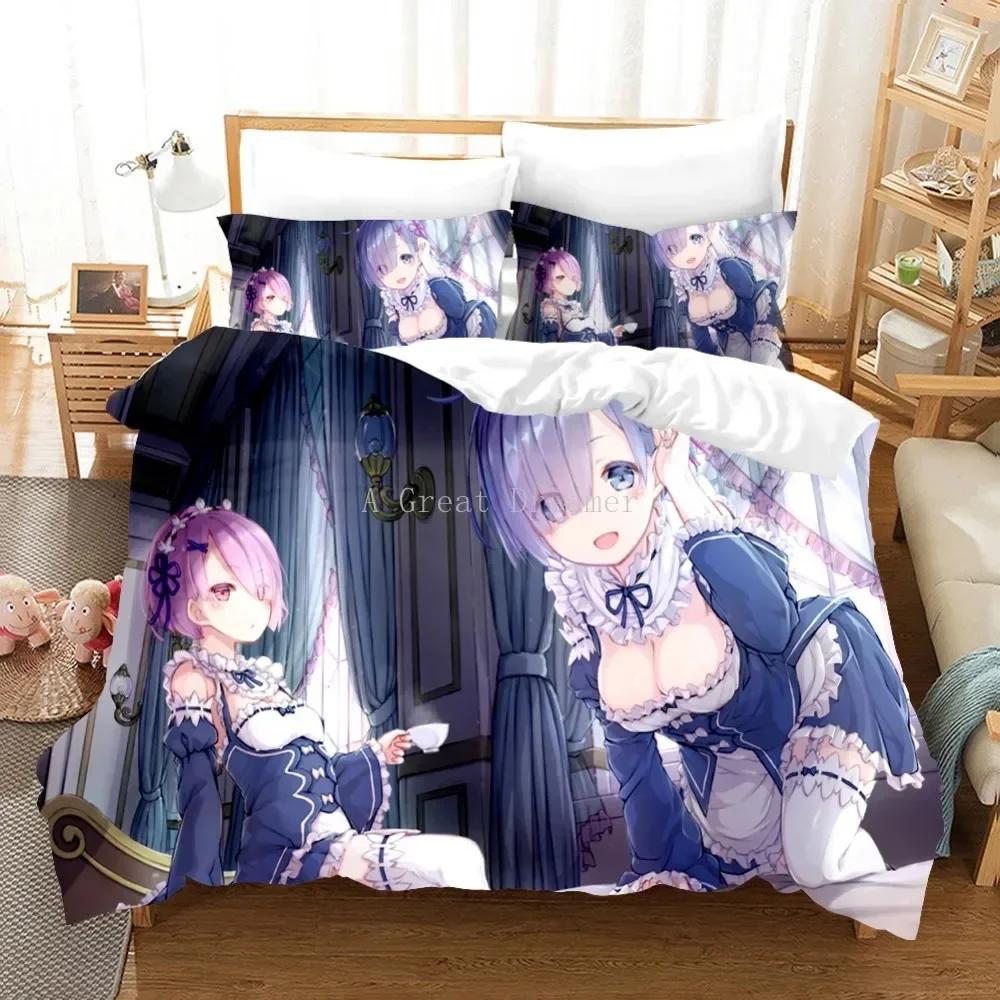 3D Print RE Zero Rem Ram Anime Bedding Set Gils Duvet Covers Pillowcases Comforter Bedding Sets Bedclothes Bed Linen