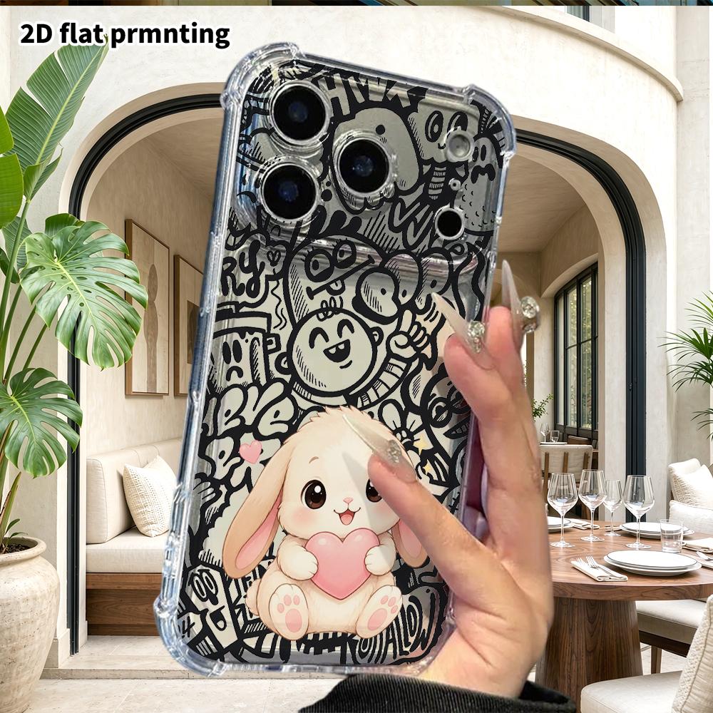 Phone Case: 2D Flat Suitable for iPhone 18 17 16 15 14 13 Pro, Transparent Four Corner Protective Case, Lop Eared Rabbit, Christmas and Halloween Gift