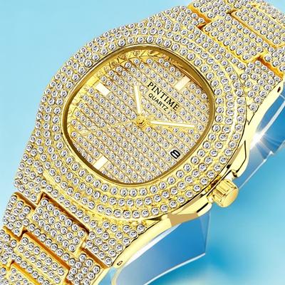 Luxus Herrenuhren Iced Out Diamantgehäuse Wasserdicht Edelstahlverschluss Mode Quarz Armbanduhr Kalender Reloj