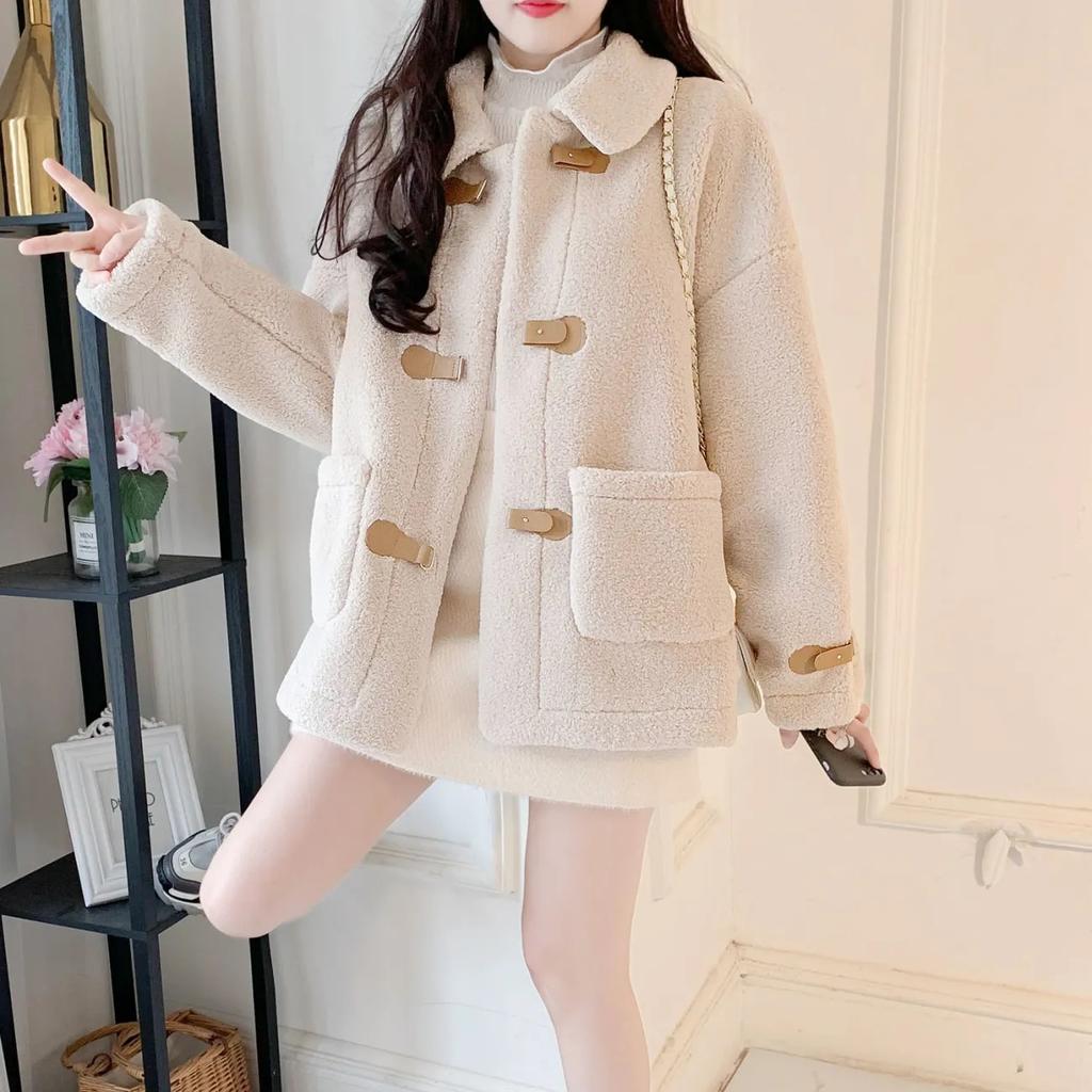 Autumn Winter Women Sweet Lamb Woolen Jacket Kawaii Soft Bear Ears Hooded Coats Girls Cute Outwear