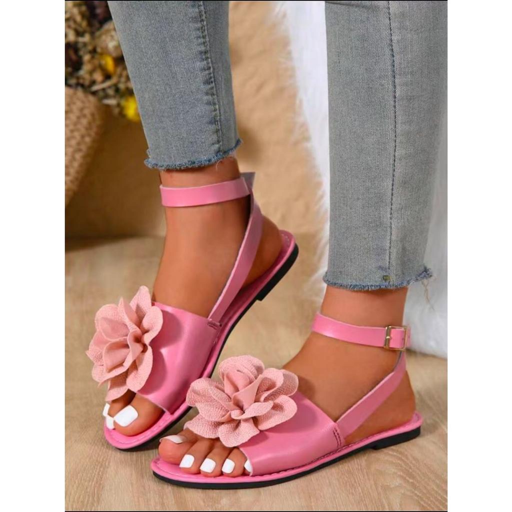 Women's Casual Flat Shoes,Flower Decoration Buckle Strap,Bow Ankle,One Strap,Fashion Sandals,Suitable for Summer Outdoor