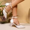 Women's Elegant White Satin High Heel Pumps Fashion Crystal Decor Party Dress Shoes Woman Pointed Toe Ankle Strap Stiletto Pumps