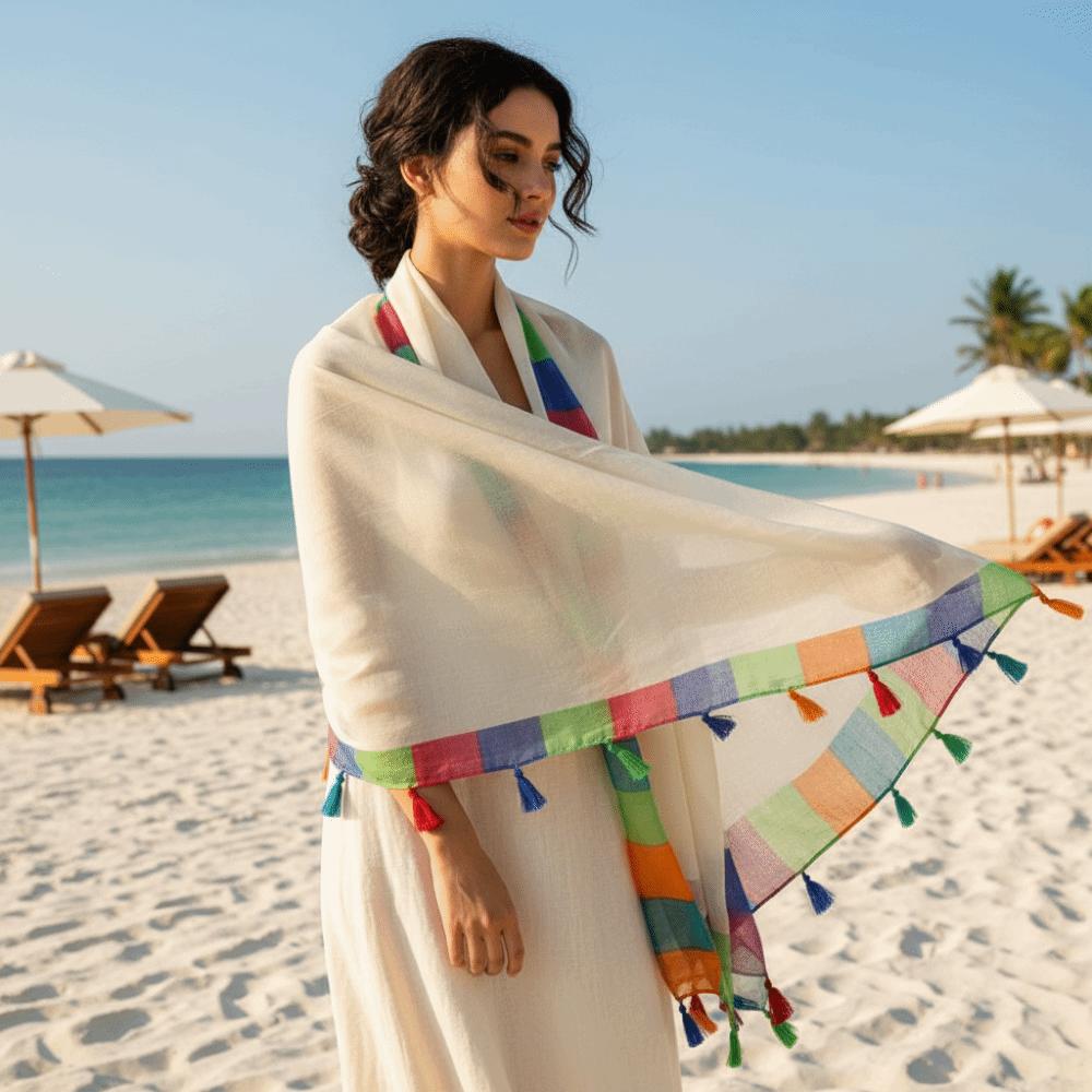 Rainbow-Border Summer Shawl Tasseled Beach Wrap Neck Wrap Sunscreen Sarong  Fashionistas