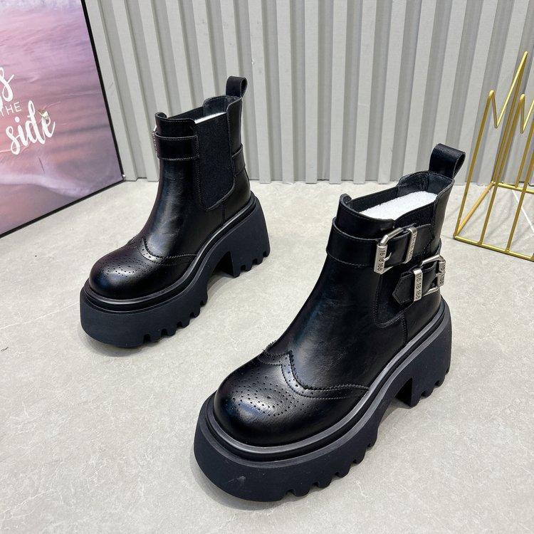 

Cowhide version~ Martin boots women s British style autumn and winter versatile engraved buckle foot short boots thick heel thick-soled cigarette boot 35