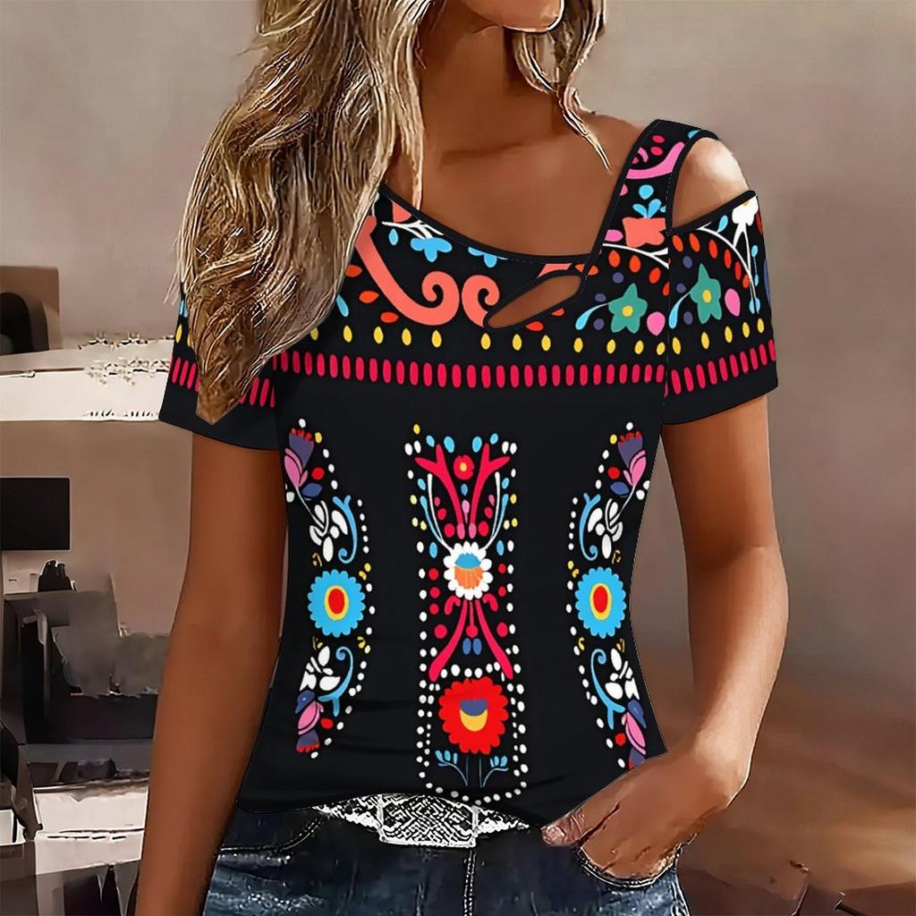 Women Skeleton Pattern Print Cold Shoulder Short Sleeve T Shirt Irregular Cutout Neck Casual Summer Blouse Top