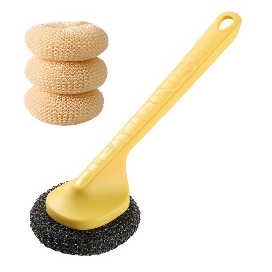 Pot Brush with Steel Ball Head Anti-Slip Grip Hanging Hole Long Handle Dishes Scrubber Kitchen Cleaning Tool