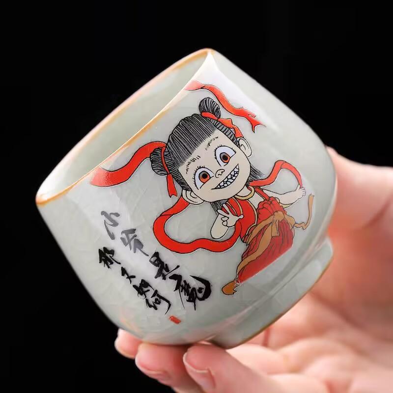 Ru Kiln Nezha Teacup Master Cup High-End Gift For Men And Women Personal Master Cup Figure Gift Tea Set