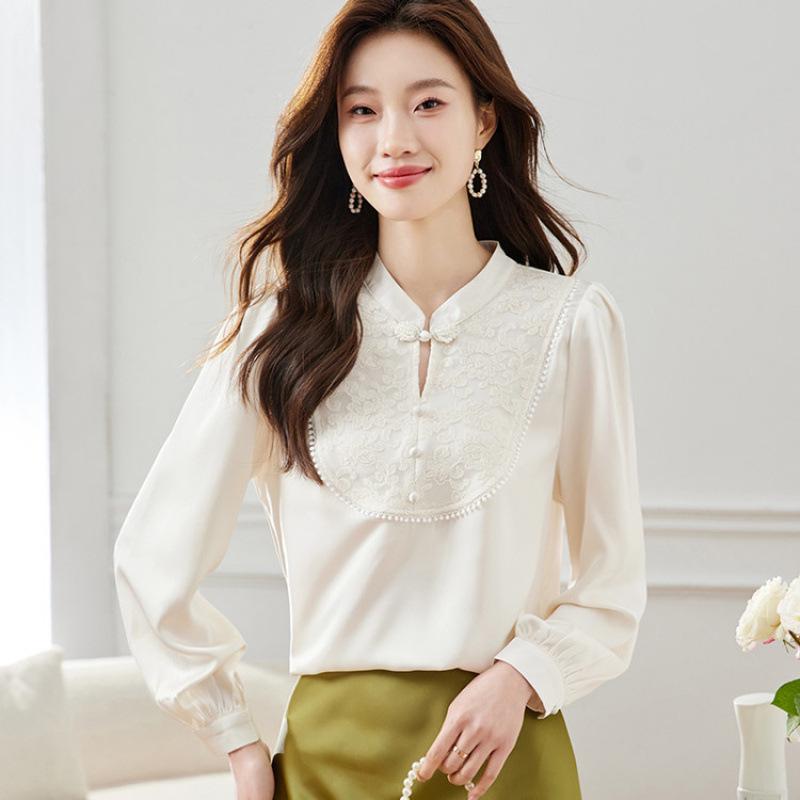 Elegant 2025 Spring Chiffon Blouse with Traditional Chinese Frog Button and Heavy Embroidery for Women