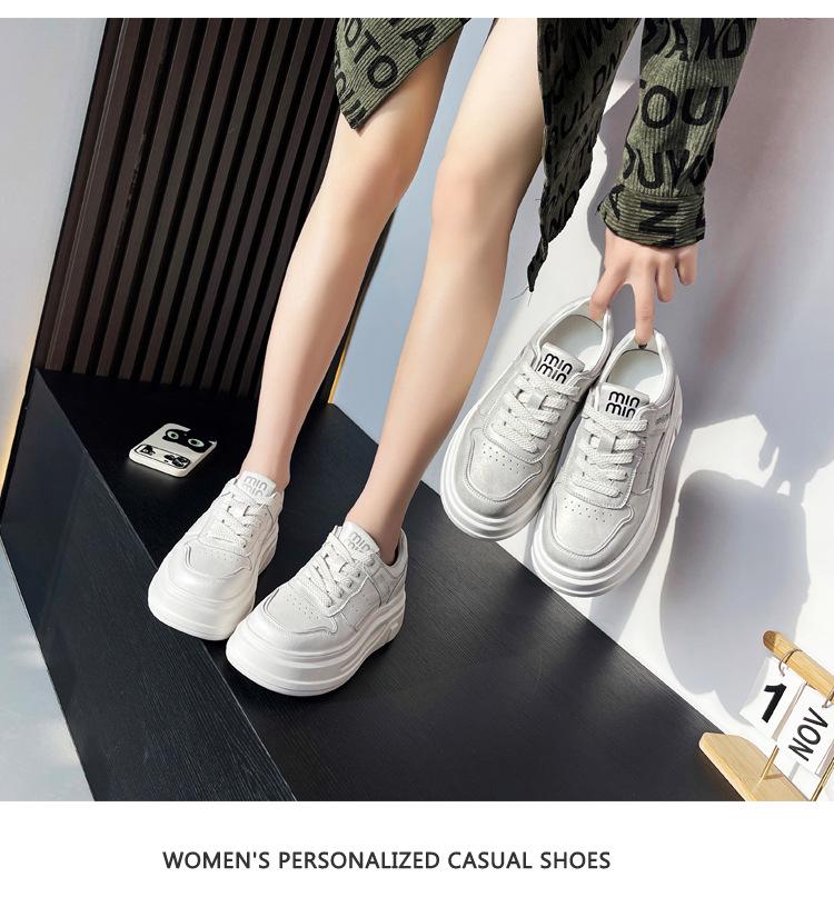 Women's Trendy White Genuine Leather Platform Sneakers - 2025 Spring/Autumn - Height-Enhancing, Thick-Soled, Lace-Up, Street-Style