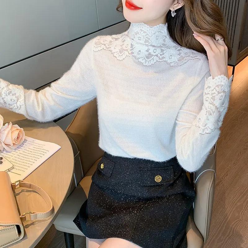 Women's Turtleneck Lace Patchwork Fuzzy Knit Top Elegant Slim Fit Winter Blouse Long-sleeved T-shirt Top