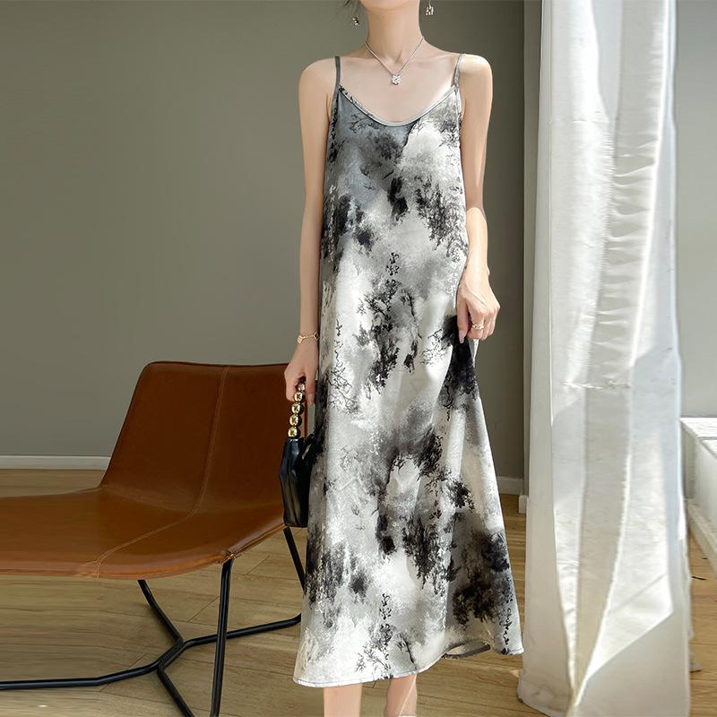 Women's Summer Long Emulated Silk V-neck Design, Silky Satin Ink Painting, Acetate Satin Suspender Skirt