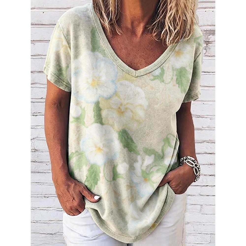 Women's Pansy Floral Print V Neck T-Shirt, Short Sleeve Casual Vintage Tops, Daily Wear for Spring & Summer