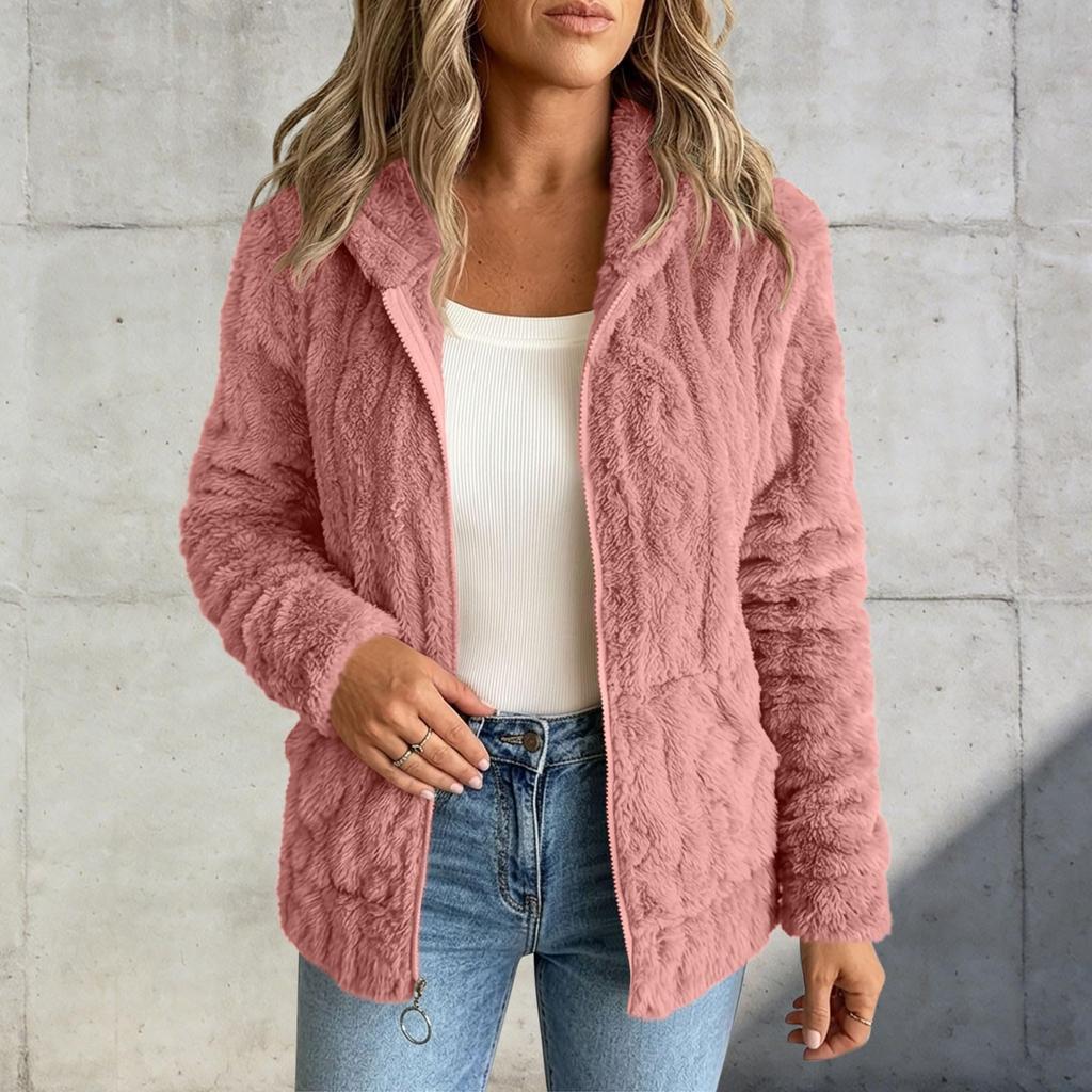 Women's Color Double-Sided Plush Hooded Zip-Up Cardigan Jacket