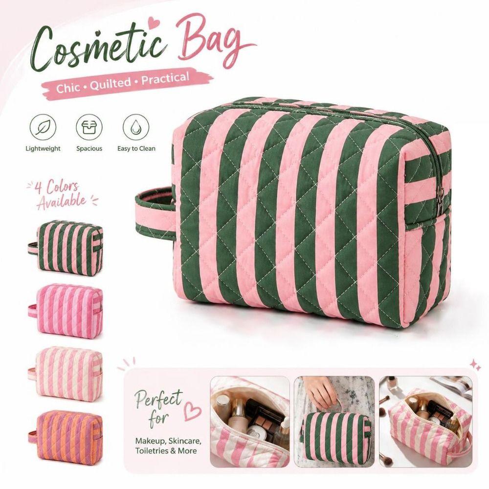 Zip Top Cosmetic Bag Striped Makeup Organizer Reusable Storage Bag Daily Use