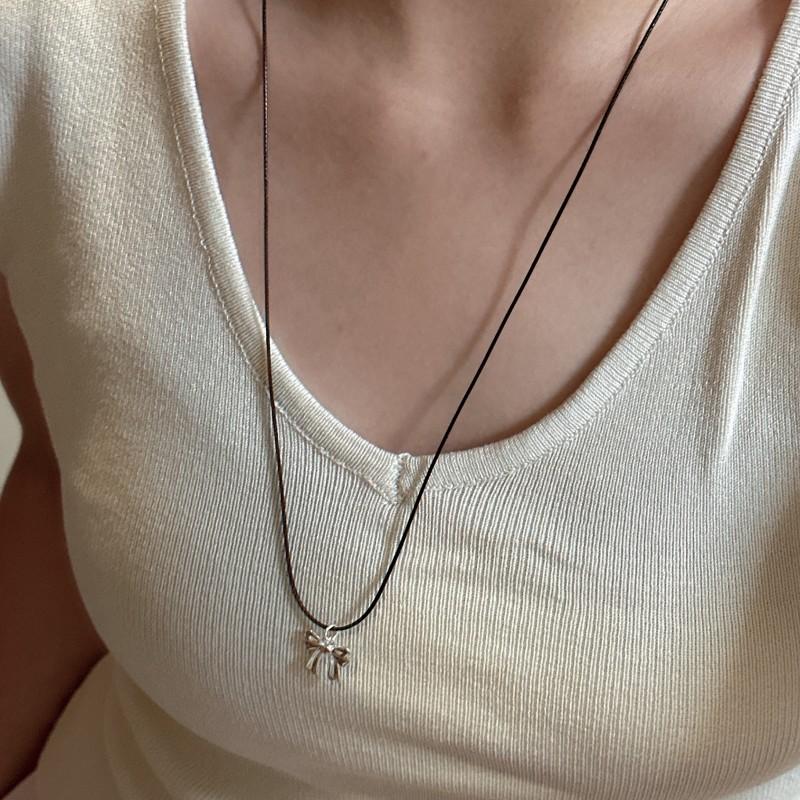 Black Rope Chain 925 Sterling Silver Butterfly Pendant Sweater Necklaces Chain for Women