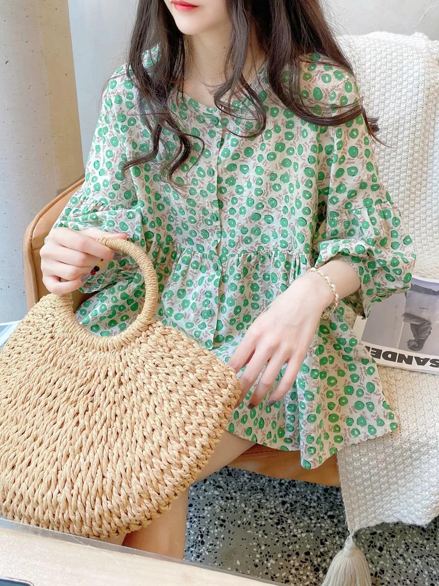 

Лето 2025 г. Корейская детская рубашка с цветочным принтом: Свободный крой, круглый вырез, милые рукава-фонарики для женщин 2XL зелёный