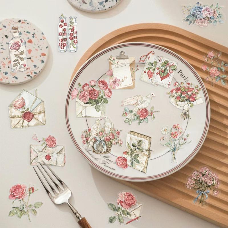 50 Pieces of Cartoon Flowers and Letter PET Transparent Stickers for Phone Case, Notebook Illustration Materials, Luggage Box and Computer Decoration