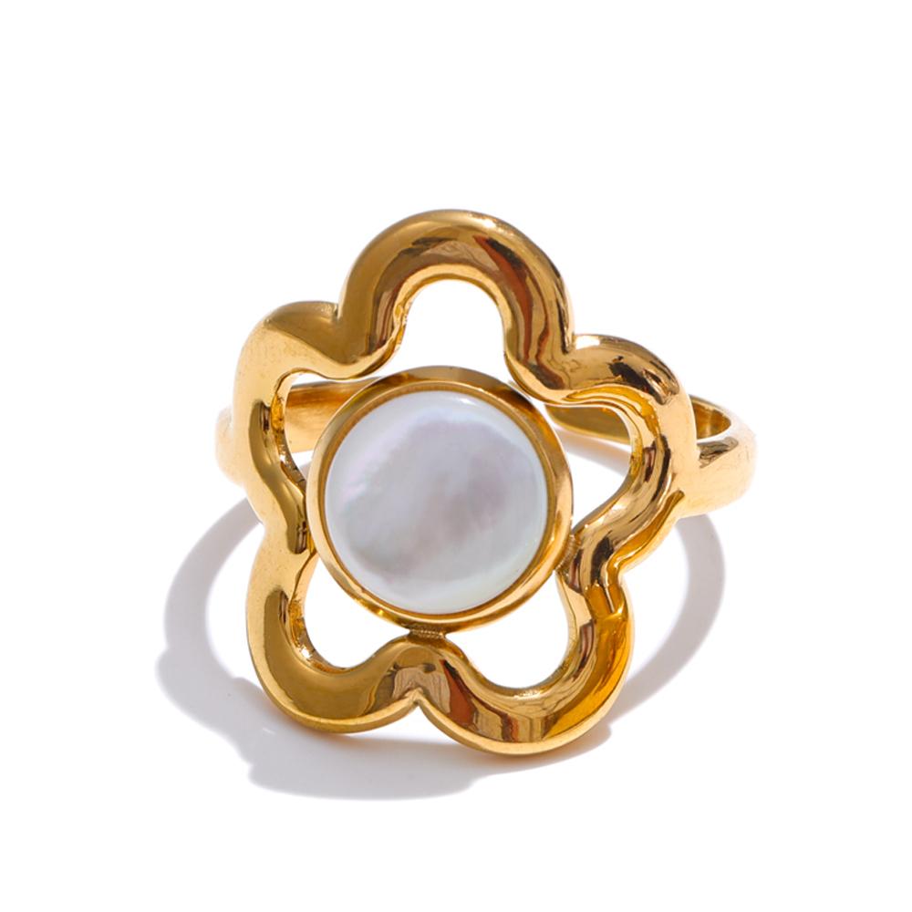 

Eetit Trendy Adjustable Stainless Steel Flower Shell Open Daily Ring 18K Golden Plated Tarnish Resistant Arrivals Jewelry 7 золотой