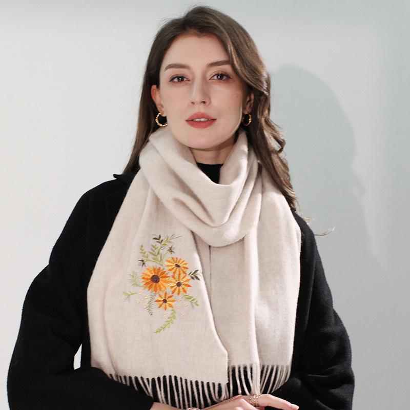 30Cm Woolen Embroidered Pure Wool Scarf, Autumn and Winter Versatile Shawl Thickened To Keep Warm