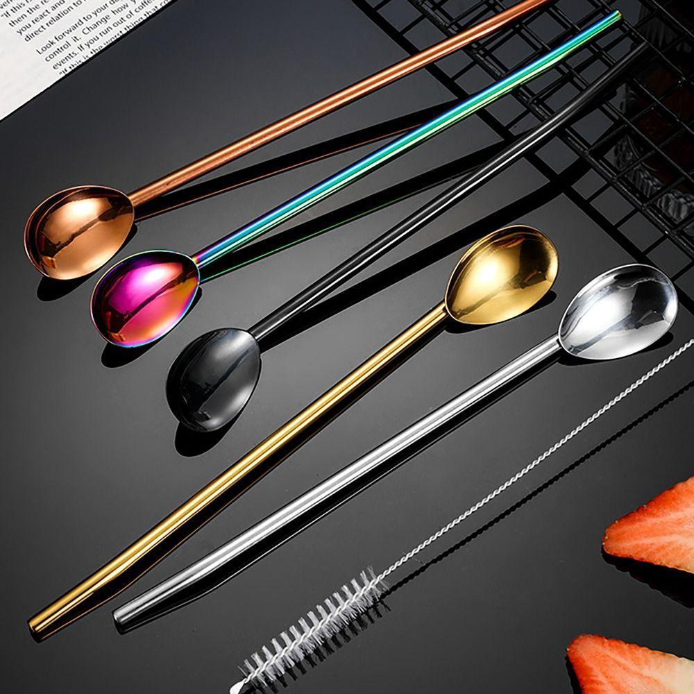 

6pcs/bag Long Handle Drinking Straws Spoon Tableware Filter Stir for Kitchen & Bar