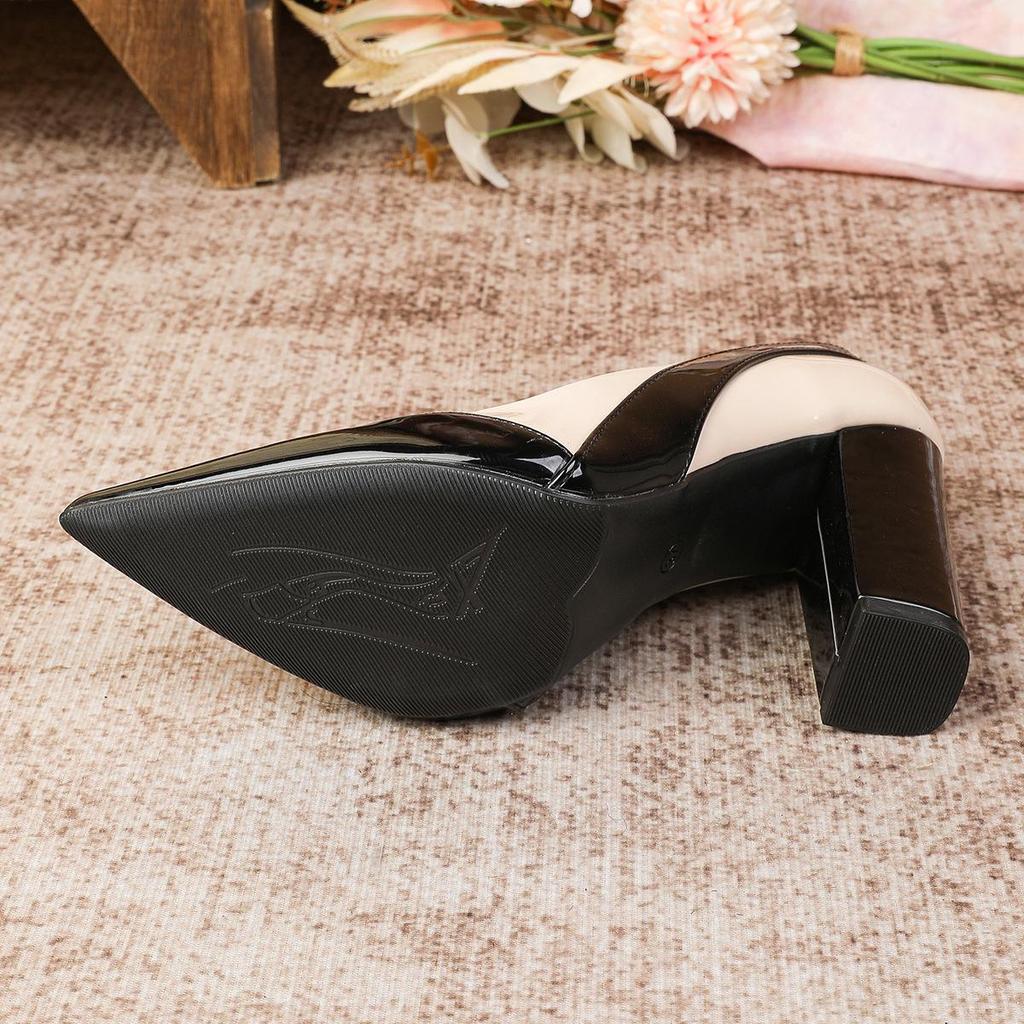 Chunky Heel Patent Leather Pointed Toe Low-Cut High Heels for Women's Large Sizes 41-43