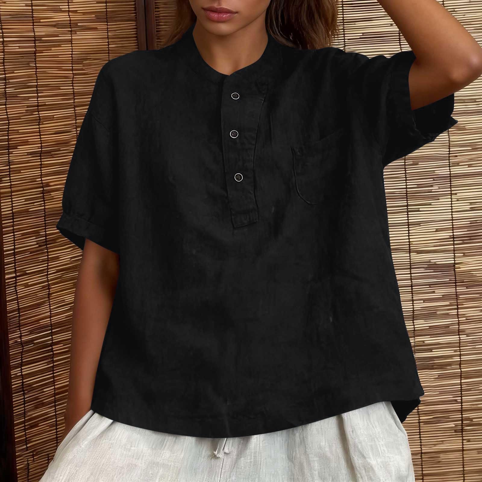 

Womens Cotton Linen Tops Loose Fit Summer Shirt Short SleeveButton Up Blouses With Pocket L