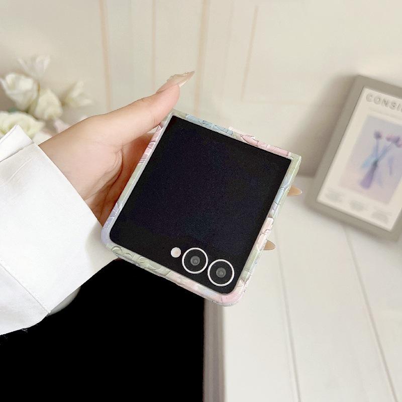 Embossed Watercolor Flower Samsung Z Flip6/5/7 Case with Anti-Lost Wrist Strap