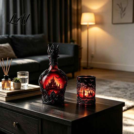 Dark Fantasy Wine Container 1200ML Halloween Bat Castle Whiskey Bottle 320ML Vintage Gothic Glass Bottle Cup Decorative Liquor Decanter Flask