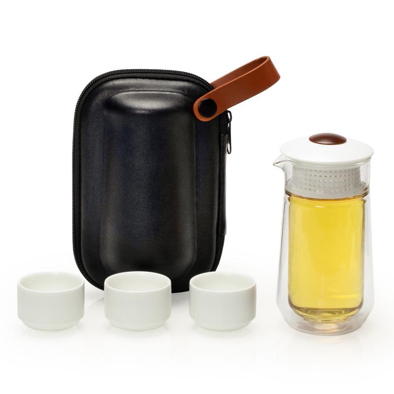Portable Double-Layer Insulated Tea Set: High Borosilicate Glass, Anti-Scald, Flower Design, 1 Pot, 3 Cups, Customizable Logo.