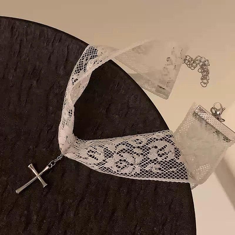 Retro Krzyż Wisiorek Koronkowy Choker Naszyjnik Dla Kobiet Dziewczyn Łańcuszek na obojczyk Biżuteria Imprezowy Prezent