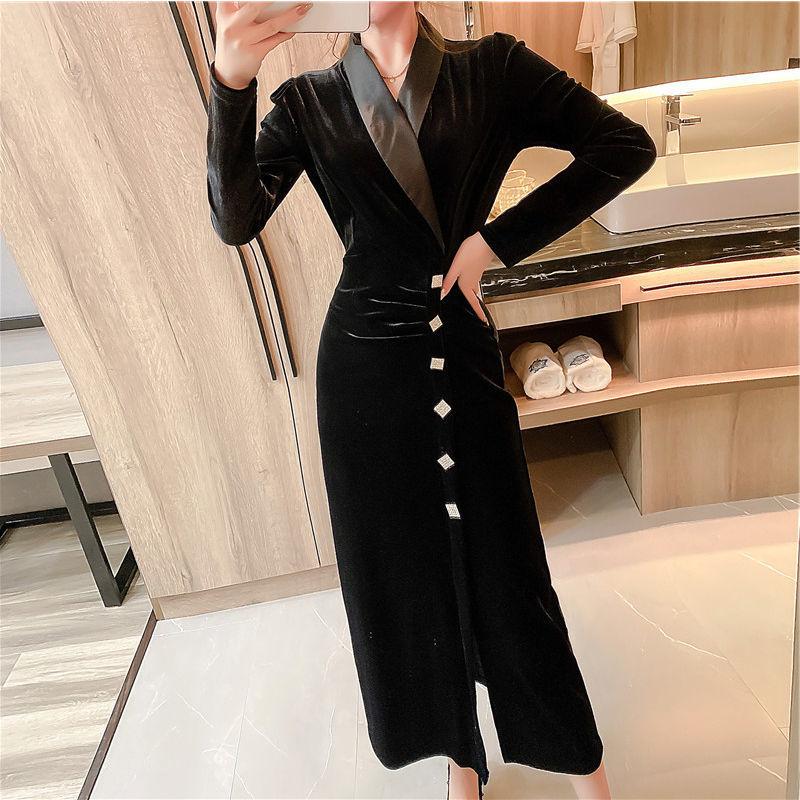 

Темперамент Мода Золотой Бархат Платья Осень Женщины V-образный вырез Бриллианты Разрез Элегантный Длинный рукав Приталенный Крой А-силуэт Платье с облегающим бедра кроем XL