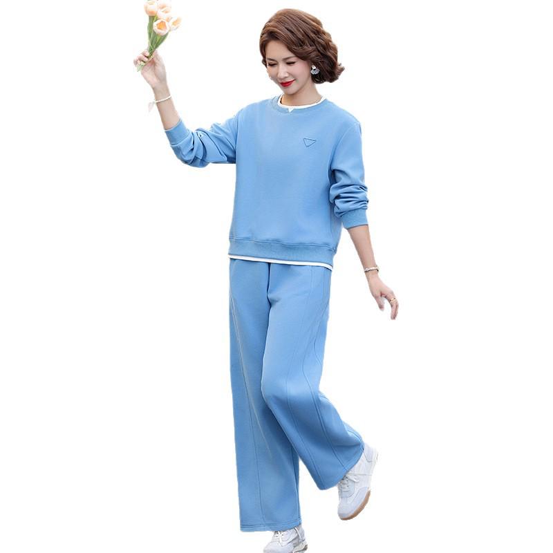 Mom's Stylish Spring Sports Set: Youthful Faux Two-Piece Hoodie & Wide-Leg Pants for Middle-Aged & Elderly Women, Loose Fit.