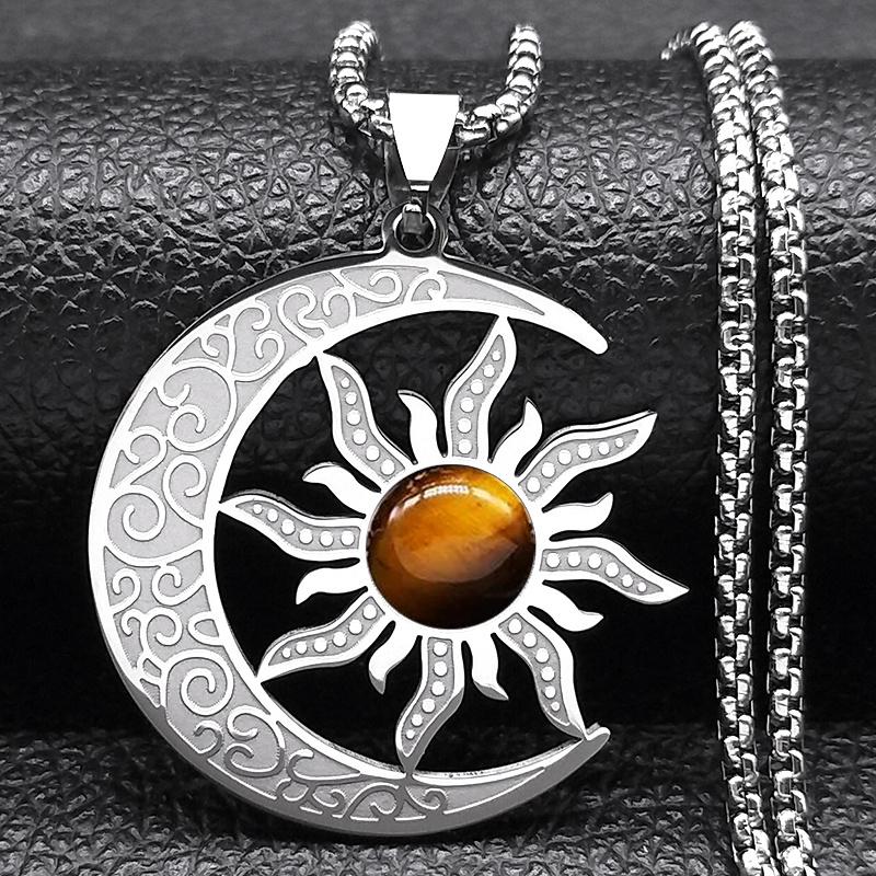 Witch Moon Sun Necklace for Women Men Stainless Steel Stone Occult Luna Crescent Wicca Chain Jewelry collares acero inoxidable