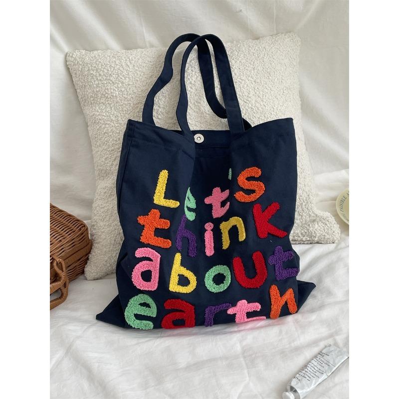 Colored Letter Embroidery Lazy Art Canvas Bag Commuter Versatile Large Capacity Student Shoulder Bag