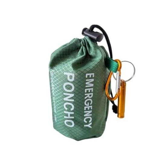 Emergency rain poncho kit waterproof hooded raincoat portable cover pouch whistle carabiner camping hiking.