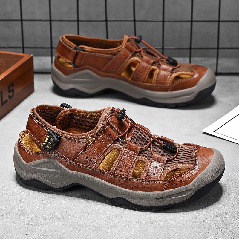 Fashion New Beach Flats Handmade Retro Men Sandals Men's Tide Summer Walking Shoes Leather Outdoor Loafers Leisure Sports Hollow Sandals