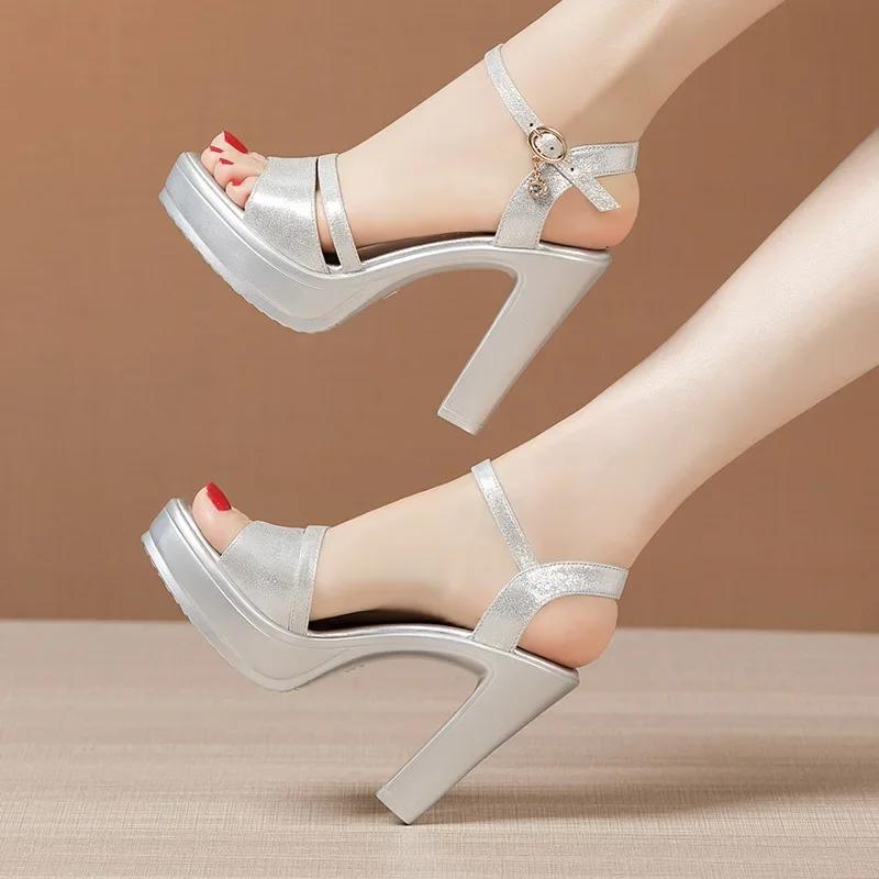 Small Size 32-43 Red Silver Wedding Shoes Women Block High Heels Summer 2025 Elegant Chunky Platform Sandals for Office Model