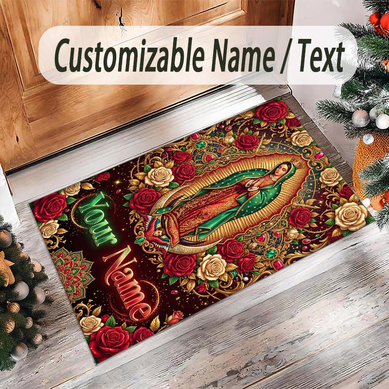 Virgin Mary Theme Crystal Velvet Rug Personalized Custom Name Text Soft Floor Mat Home Decor