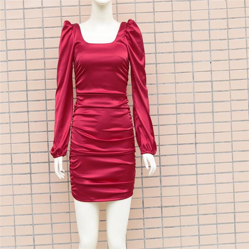 Letní Jednobarevné Slim Shirring Krátké Dámské Módní Nabírané rukávy Čtvercový límec Dámské Sexy minišaty