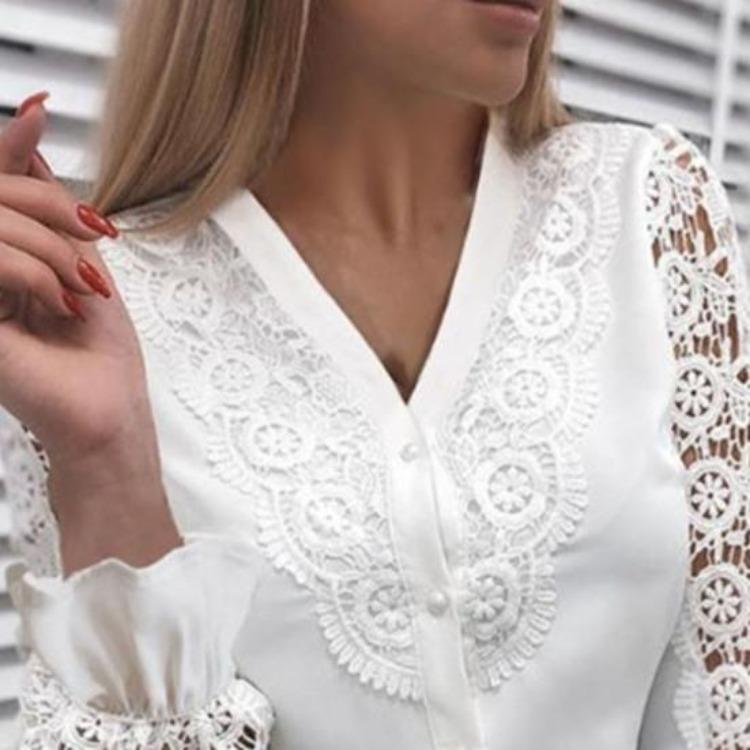 Women Shirt Blouse Lace Patchwork Solid Color Buttons Fashion Daily Wear Popular