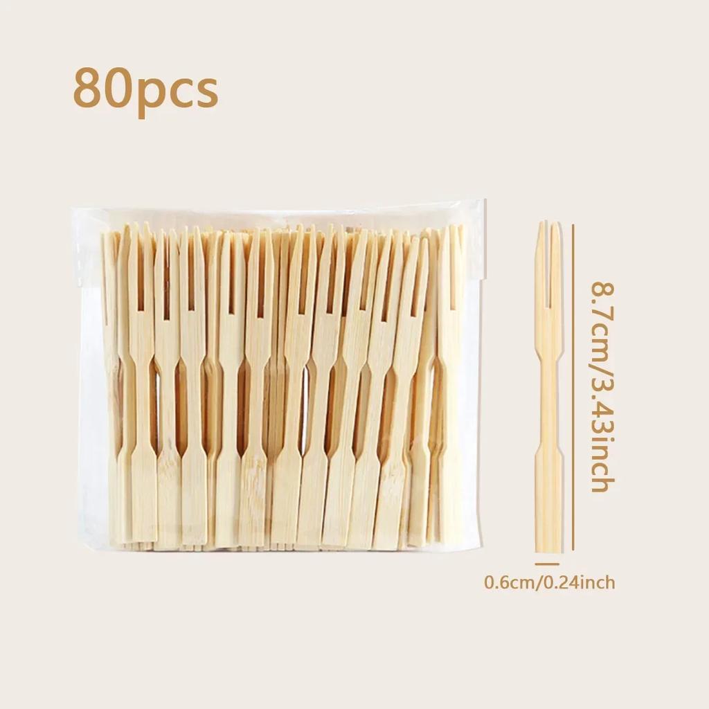 80pcs -Bamboo Disposable Wooden Fruit Fork Dessert Cocktail Set Party Home Household Decor Tableware Supplies