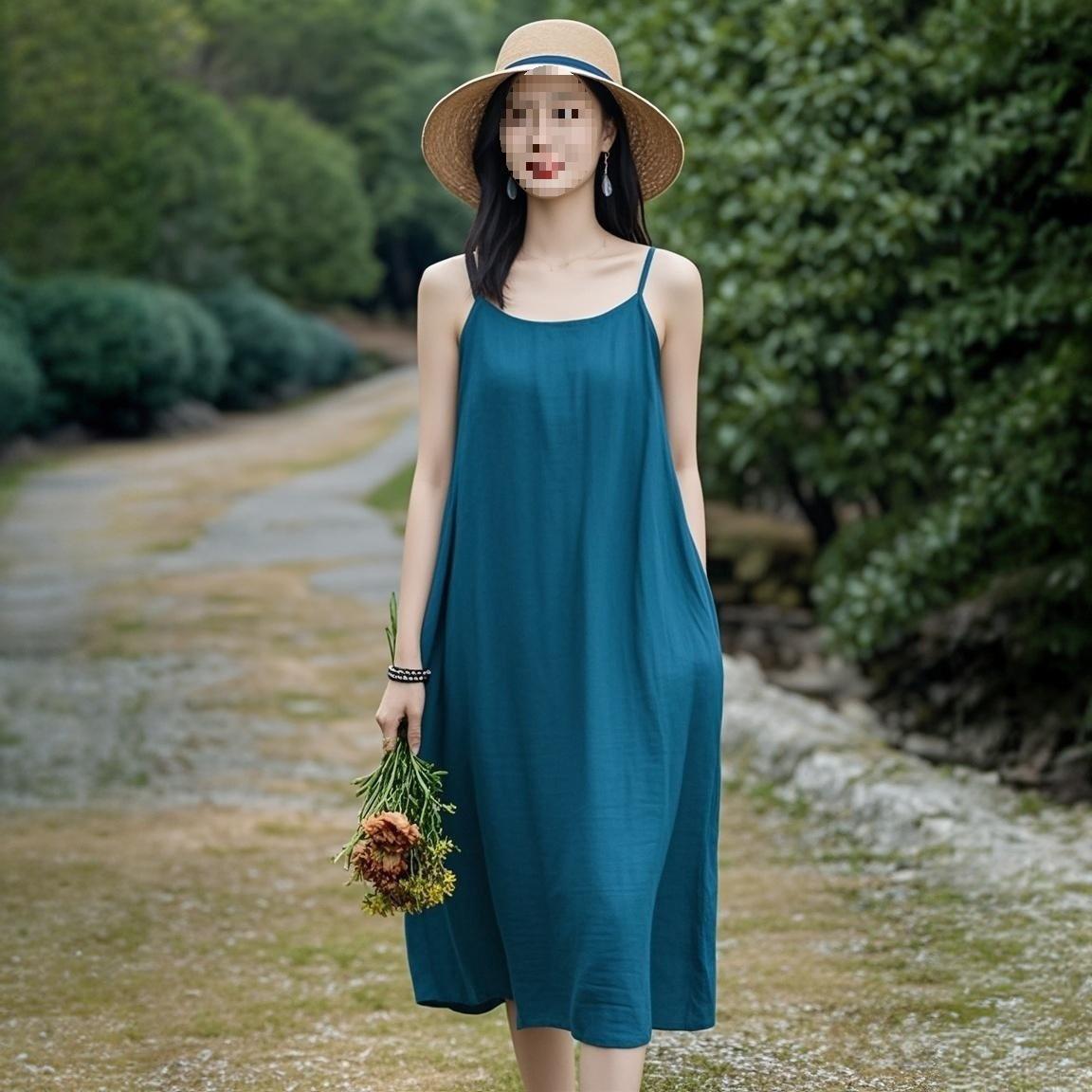 Retro Cotton Linen Spaghetti Strap Mid-Length Dress - Plus Size, Versatile, and Slimming 3XL