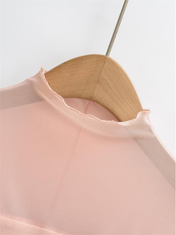 Women's Chic Sheer Mesh Spliced Long Sleeve T-shirt: Elegant Slim-fit, Sexy Base Layer Top