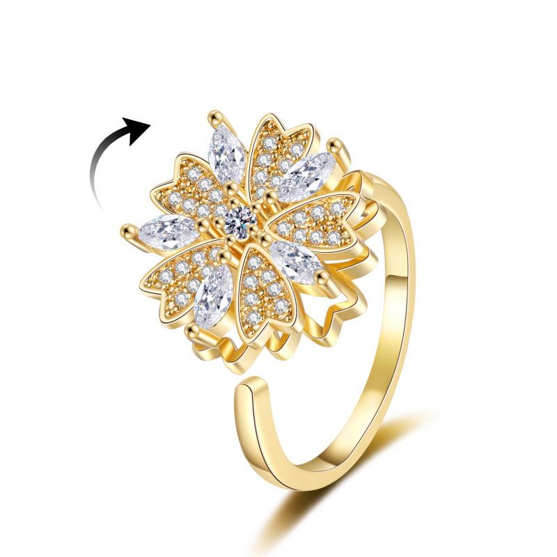 European Four-Leaf Clover Zircon Rotating Ring with Full Diamonds for Women - Trendy, Versatile, and Elegant Design Adjustable золотой
