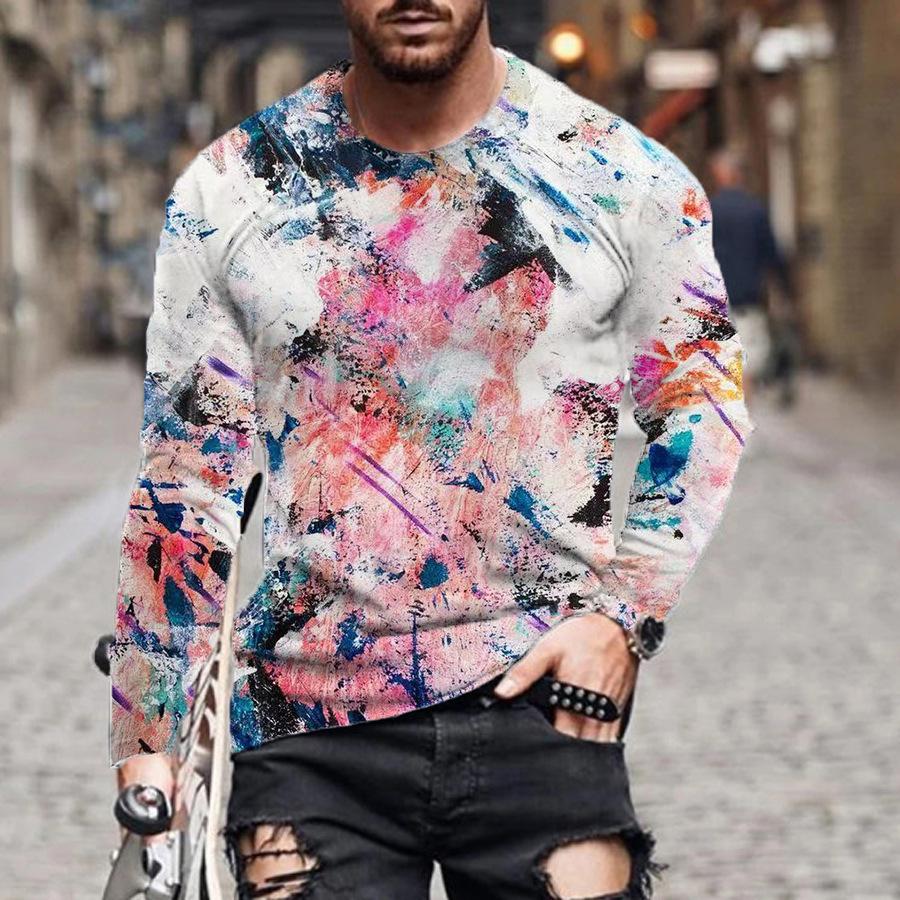 Spring and Autumn Round Neck 3D Artistic Printed T-shirts Fashionable Casual Long Sleeved Men's T-shirts