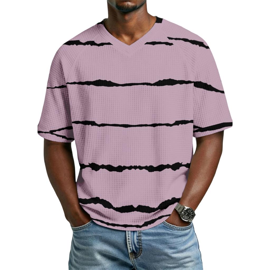 Men's Casual Stylish Striped Texture Printed Short-sleeved Shirt Men's Breathable V-neck Short-sleeved Top