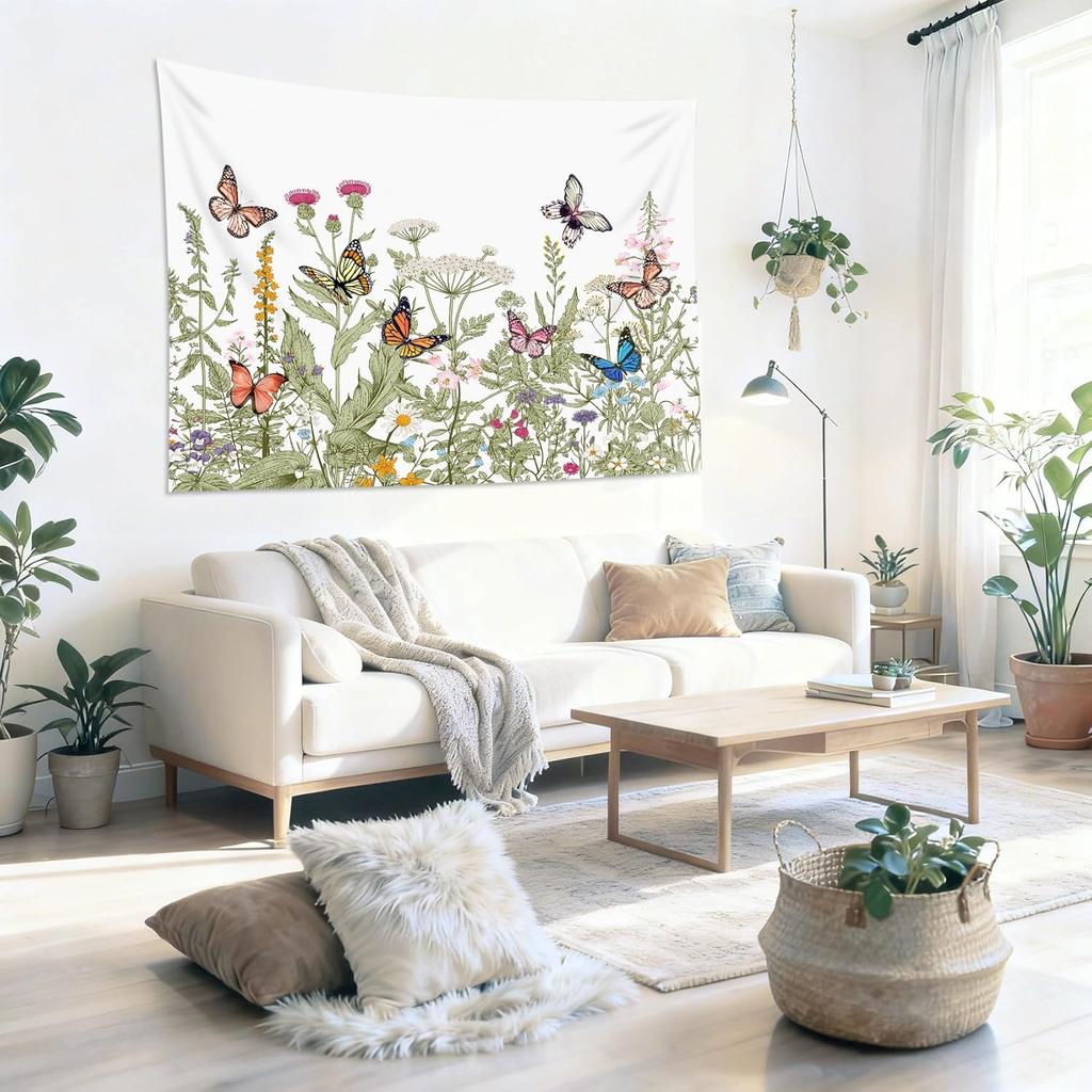 Floral Butterfly Tapestry Wall Hanging, Sage Green Leaves and Wildflower Butterfly Wall Decor Spring Plant Tapestry for Bedroom